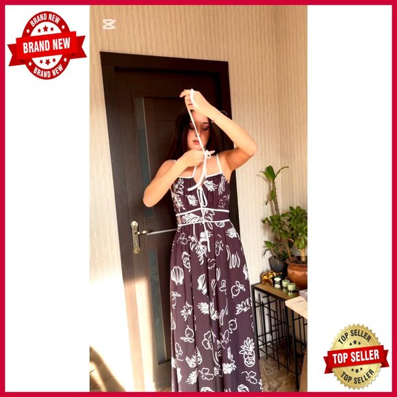 Summer Maxi Dress Floral Boho Tie Front Spaghetti Strap Sundress with Pockets - Picture 7 of 7